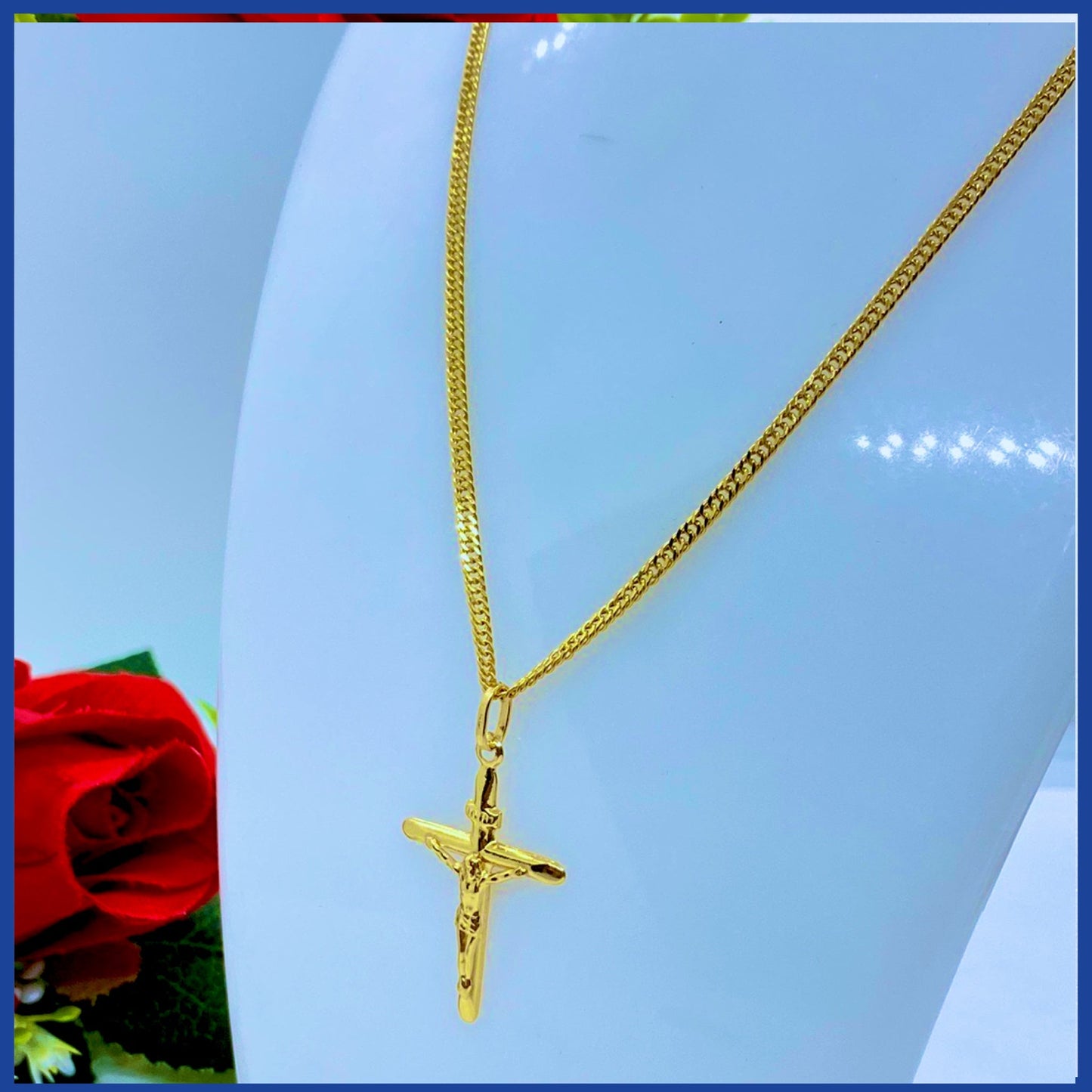 18K Real Gold Cross Necklace 24”