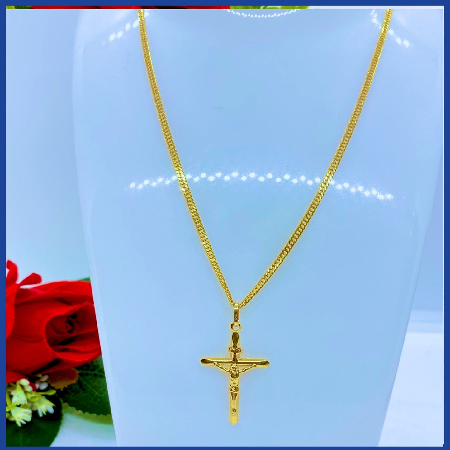 18K Real Gold Cross Necklace 24”